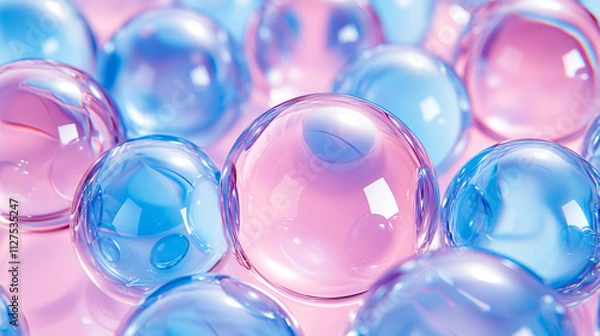 Obraz Shiny glass spheres, transparent crystal balls. Vector realistic set of 3d blue and pink clear orbs, glossy soap bubbles. Glossy translucent circles with reflections isolated on background