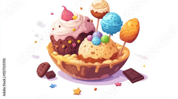 Fototapeta Candy planets set isolated on background. Vector cartoon illustration of sweet ice cream ball, biscuit cake decorated with chocolate, pink icing and caramel, magic confectionery land design elements