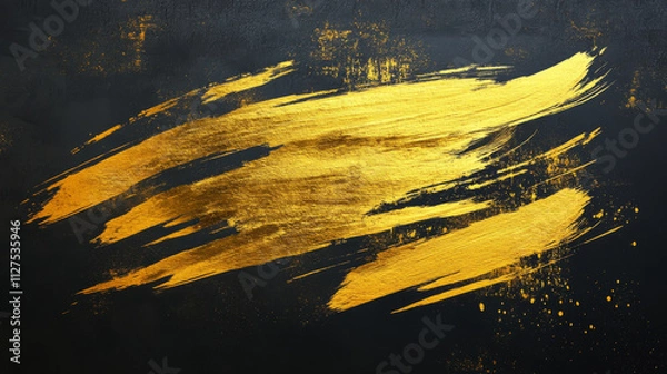 Fototapeta Gold brush strokes, liquid golden paint smears. Vector realistic set of yellow metal texture stains. Hand drawing of shiny smudges, luxury design elements isolated on dark transparent background
