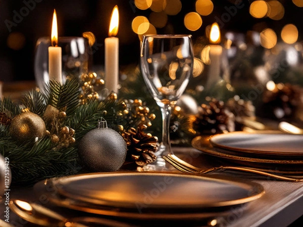 Obraz Generated Ein eleganter Weihnachtstisch mit goldenen und silbernen Ornamenten, einem Stechpalmenzweig, Tannenzapfen und Kerzen. Eine gemütliche, warme Atmosphäre mit sanfter Beleuchtung.