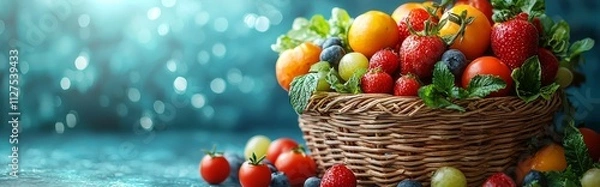Fototapeta Wicker basket with assorted fresh fruits on a blue bokeh background