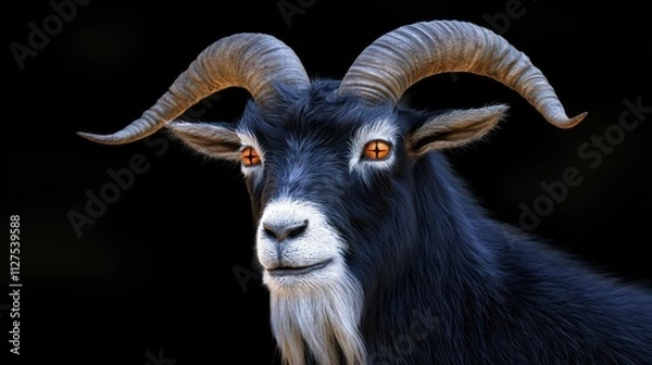 Fototapeta A close-up of a goat with striking features and glowing eyes against a dark background.