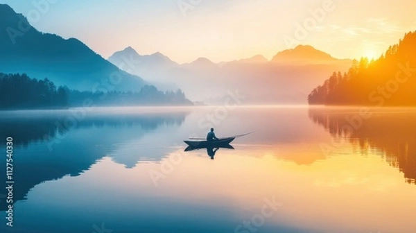 Fototapeta A serene sunset over a calm lake with a lone figure in a boat, reflecting tranquility.