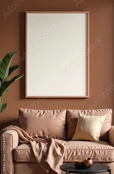 Obraz Mockup of empty frame on brown wall in living room interior. Mocha mousse Trendy color of 2025