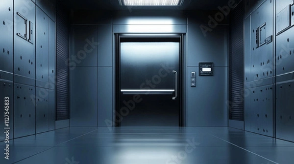 Fototapeta Metal door, sliding gates in spaceship hallway interior. Closed, open, slightly ajar shuttle or secret laboratory entrance, futuristic bunker, ski-fi gateways on wall. Realistic 3d vector illustration