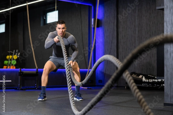 Obraz An athletic man highlights strength and power with continuous battle rope movements in a state-of-the-art gym, showcasing intense body conditioning efforts.
