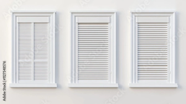 Fototapeta Office or home window frame with jalousie. Closed and ajar opening interior venetian blind plastic and fabric roll curtain with control cord. Realistic 3d vector set of white louvers shutter.
