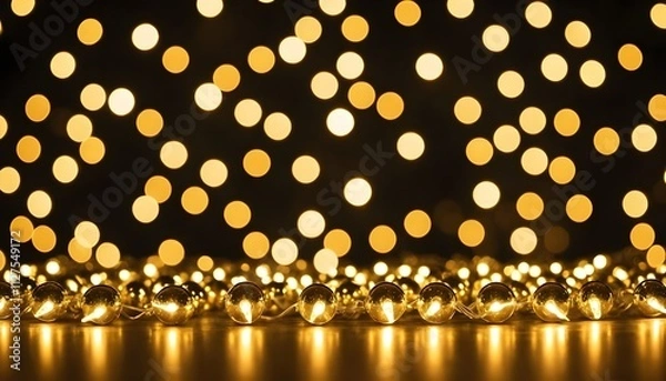 Obraz golden christmas lights. beautiful composition of golden bokeh lights with glowing bulbs on a dark background, creating a warm and festive ambiance. perfect for holiday decor invitation