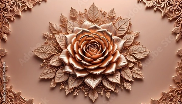 Obraz elegant design rose gold rose in metallic copper tones surrounded by an ornate floral border. ideal for luxury branding, wedding invitations, decorative backgrounds, and artistic projects.