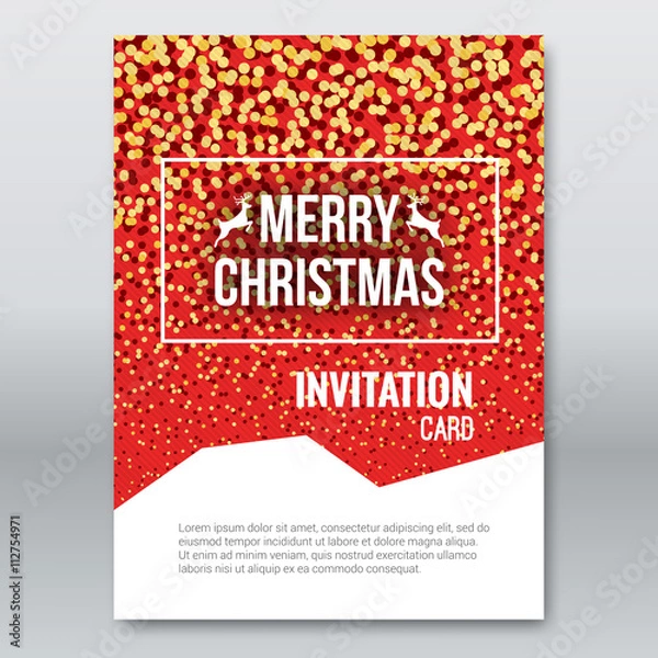 Fototapeta Merry Christmas Red Invitation Card, design template, xmas brochure design with falling glitter particles, vector illustration