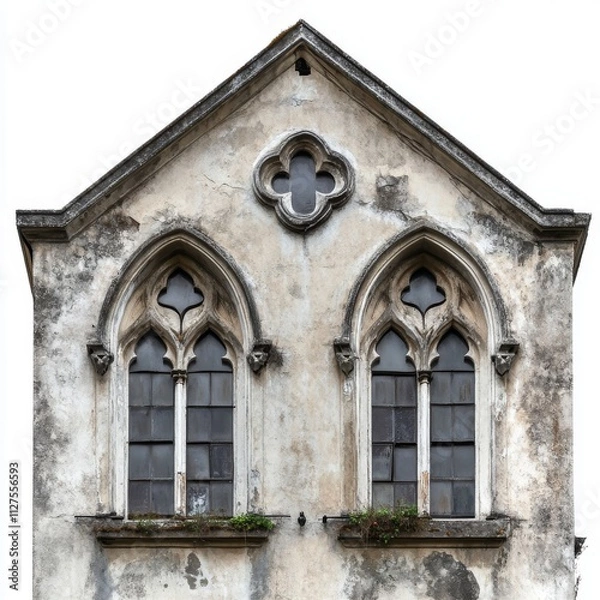 Fototapeta Gothic window design with intricate arches and delicate carvings, well-suited for architectural studies and装饰ative applications with a white background.