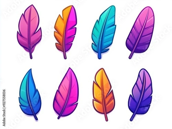 Fototapeta Feathers in shades of delicate pink and purple, artfully scattered across a white background, suitable for creative design projects and artistic inspiration.