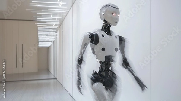 Fototapeta A humanoid AI robot in motion, displaying the next evolution of artificial intelligence in the digital world of the future.