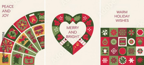 Obraz Merry Christmas cards in modern minimalist geometric style. Merry Christmas colorful illustration in flat cartoon style. Xmas backgrounds with geometrical patterns, stars