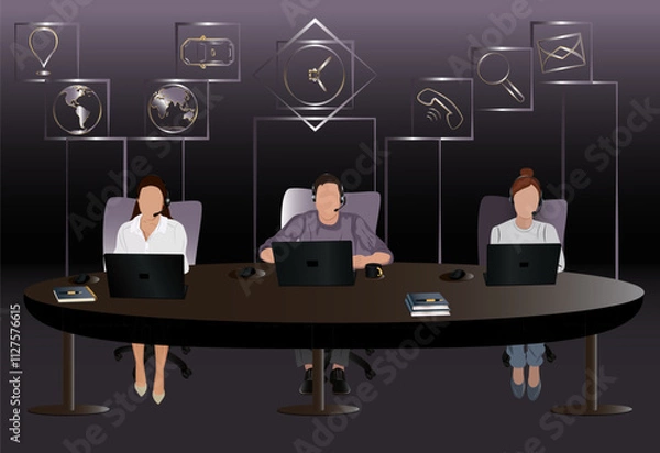 Fototapeta men in a office, working in call center, , logistics, fast express, laptop, computer, businessman vector,book and copybook in a table, coffee, mouse, headphone, letter, phone, search, clock, pen,gps