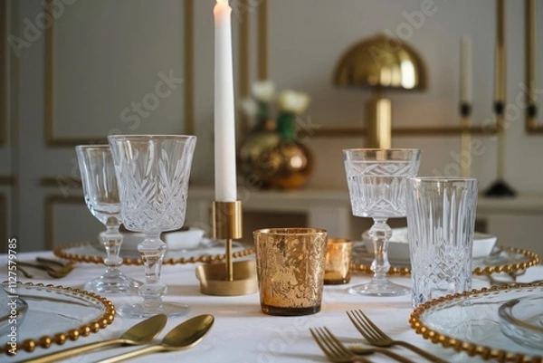 Fototapeta Elegant Dinner Table Setting with Gold Accents and Candlelight. A beautifully arranged dinner table featuring crystal glassware, gold cutlery, and a central candle, creating an inviting atmo...
