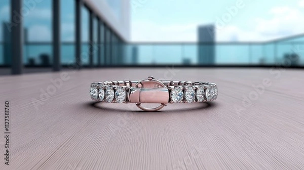 Obraz An elegant rose gold bracelet adorned with sparkling diamonds, beautifully showcased on a modern terrace with a cityscape view in the background.