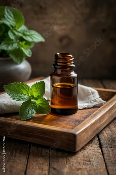 Fototapeta A small amber glass bottle of peppermint essential oil placed on a rustic wooden tray. Fresh peppermint leaves are scattered delicately around it, and a folded linen cloth adds a touch of natural eleg