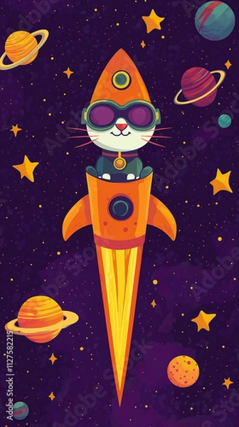 Fototapeta Whimsical Flat Vector of a Cat in Goggles Zooming in a Carrot Rocket Through Starry Space for Fun Wall Art