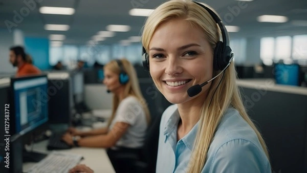 Fototapeta Smiling brightly, a blonde call center agent in blue clothing communicates effectively with clients using her headset in a bustling office.
