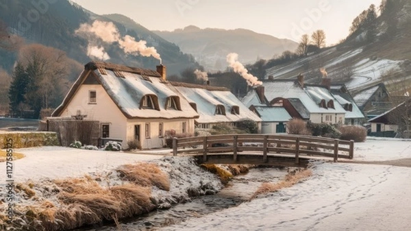 Fototapeta Charming Winter Village with Snow-Covered Rooftops and Smoke. A picturesque winter village scene with snow-covered houses, steaming chimneys, and scenic mountains in the background. Perfect...