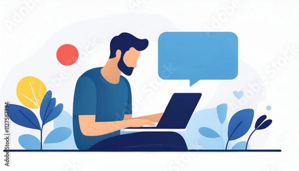 Fototapeta Man Working on Laptop with Speech Bubble: A young man sits comfortably with his laptop, ready to share his ideas and engage in conversation.