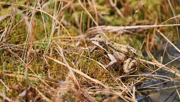 Fototapeta 작은 연못가의 말라버린 이끼 사이에서 마지막으로 남은 개구리 한 마리
