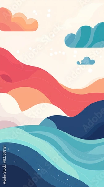 Fototapeta Tranquil Flat Vector Illustration of a Peaceful Lake with Curved Water Lines and Simple Geometric Mountains Under Abstract Clouds for Artwork and Home Decor