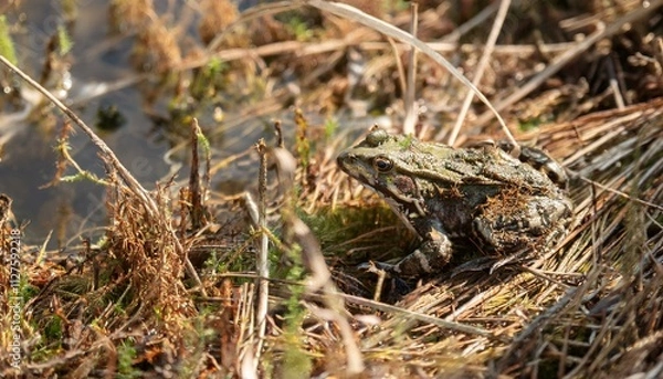 Fototapeta 작은 연못가의 말라버린 이끼 사이에서 마지막으로 남은 개구리 한 마리