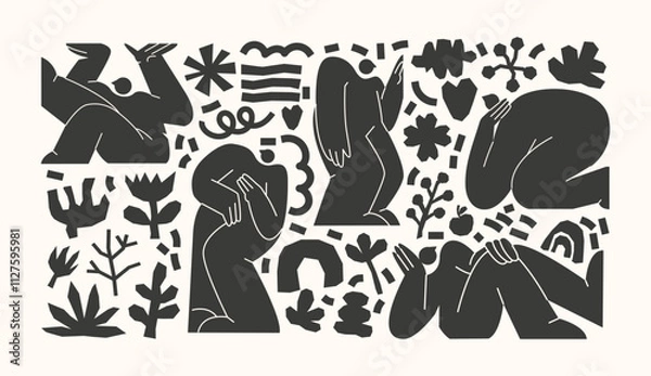 Fototapeta Cartoon set of people silhouettes and doodles. Various figures, abstract shapes and stickers, black monochrome shapes. Vector set of hand drawn bubble illustrations