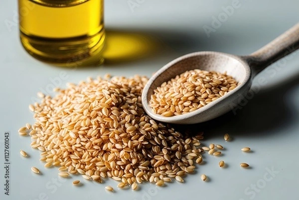 Fototapeta Close-Up View of Isolated Sesame Seeds and Oil on Clean Background Showcasing Nutritional Benefits and Culinary Applications