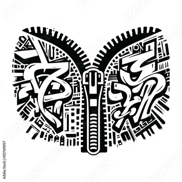 Fototapeta Zipper silhouette fill with graffiti tags, street calligraphy, -