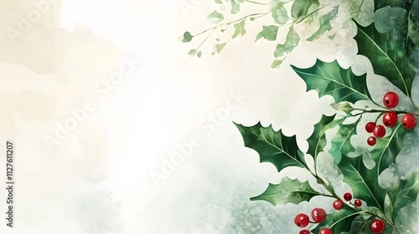 Fototapeta A cute Christmas-themed poster background with watercolor elements, featuring misty holly leaves and berries in the top right corner,


