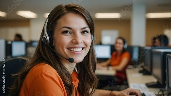 Fototapeta Smiling employee wearing an orange-accented headset in a vibrant office, symbolizing professionalism, teamwork, and outstanding customer care services.