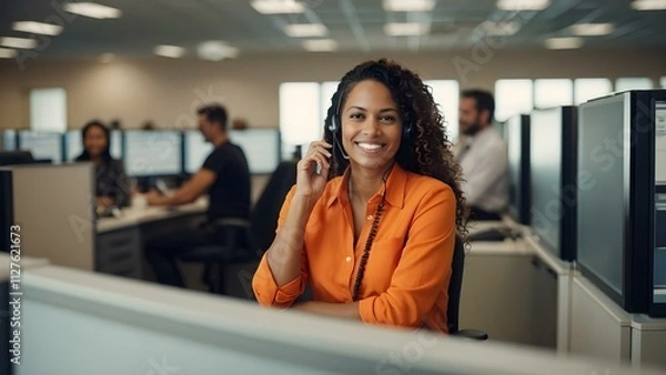Obraz A dedicated customer support specialist with a microphone headset, working efficiently in a orange call center, ensuring outstanding service and client satisfaction.