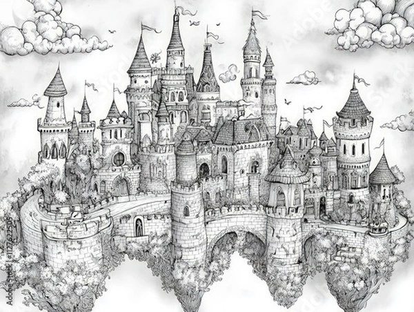 Fototapeta Intricate floating castle, detailed ink drawing.