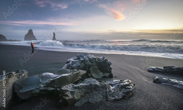 Fototapeta Black sand volcanic beach in Iceland. Panoramic View on cliffs into the sea. The cliffs by Vik, Iceland. Vik is the southernmost village in Iceland