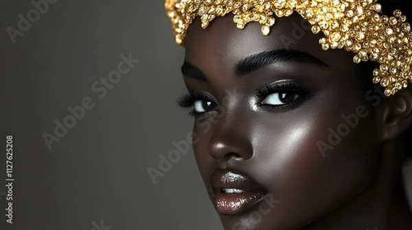 Obraz A mesmerizing portrait featuring a woman adorned with a gleaming golden headwrap that exudes regality and sophistication.