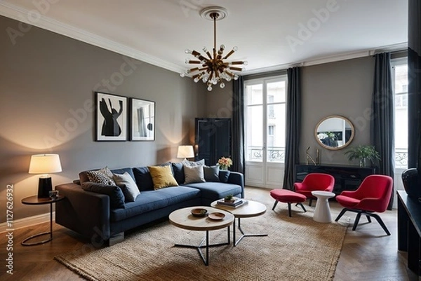 Fototapeta Chic Parisian Home: Modern Living Area with Scandinavian Design and Dynamic Atmosphere