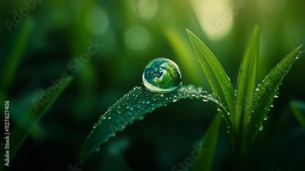 Fototapeta Earth Reflected In A Dewdrop On A Blade Of Grass
