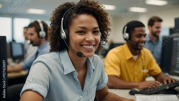 Fototapeta A professional curly hair black skin operator, dressed in blue, uses her headset to handle customer care communications efficiently in a lively big office.