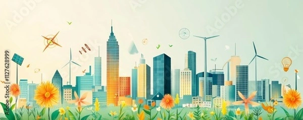 Obraz Abstract city with energyefficient buildings, solar and wind symbols, stock data overlay, sustainable urban finance, ecopower