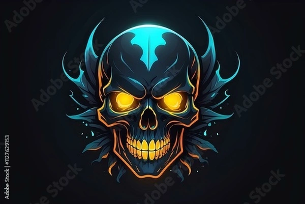 Fototapeta A glowing neon skull with fiery orange accents. This electrifying design blends gothic elements with futuristic visuals, making it ideal for bold, dark themes.

