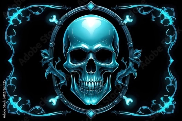 Fototapeta A neon skull glows with futuristic energy, combining gothic and cyberpunk aesthetics. Sharp details and vibrant blue light emphasize boldness and intensity. This design radiates a dark yet modern edge