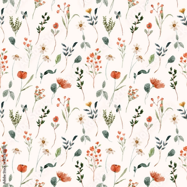 Fototapeta mini orange wildflower watercolor seamless pattern