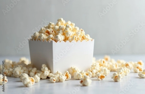Fototapeta White paper box mockup filled with popcorn sits on light background. Popcorn spills around box. Movie snacks concept. Casual entertainment ideas. Simple and clean design. Ideal for showcasing popcorn.