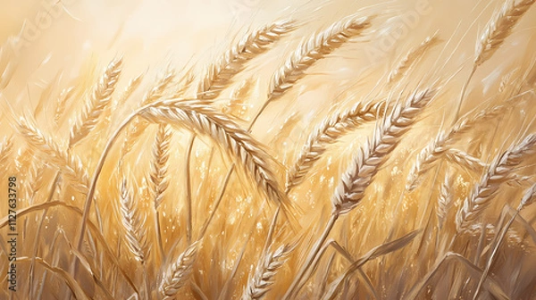 Fototapeta A close up shot of wheat stalks swaying gently in the breeze, with the sun glinting off the golden grains, evoking a sense of serenity and abundance. Serenity. Illustration