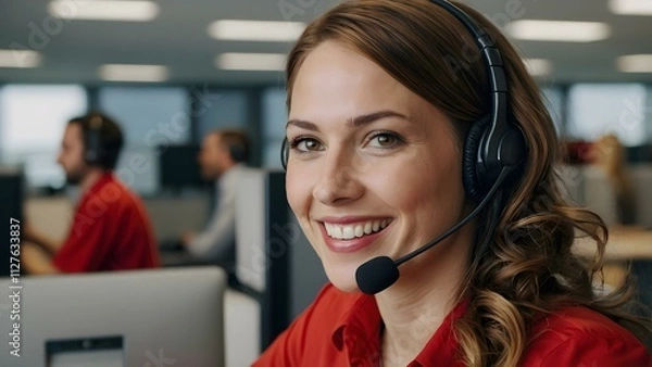 Fototapeta A young brunette woman in a red outfit, wearing a headset, assists customers with a warm smile in a vibrant call center office environment.