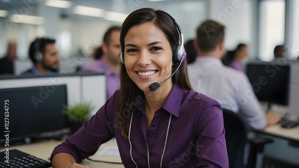 Fototapeta Smiling warmly, a brunette operator in violet focuses on resolving customer issues in a lively purple office setting.