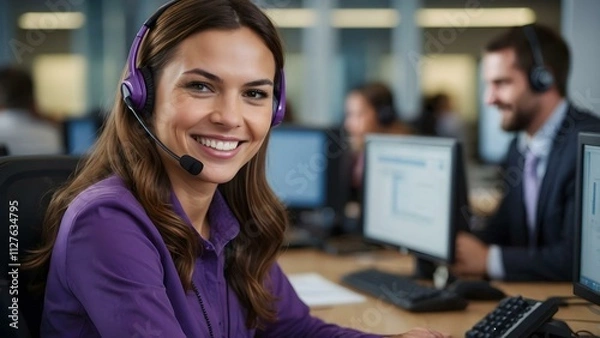 Obraz With a headset on, a brunette woman in violet offers friendly customer support in a fast-paced purple workplace.